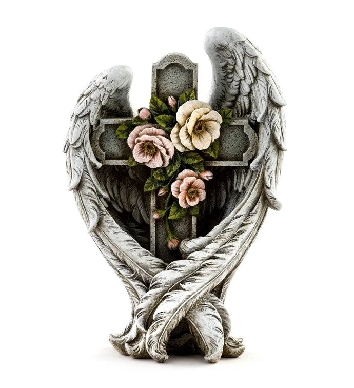 Cross in Angel Wings with Flowers Figurine