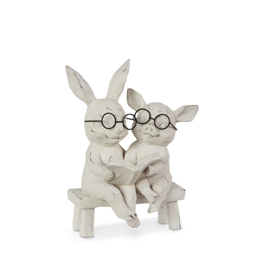 7" Reading Bunny and Pig on Bench Figurine